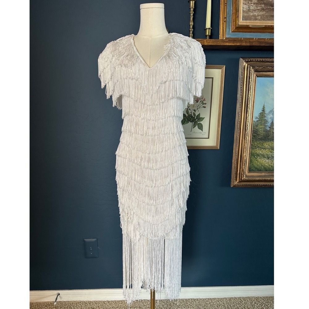 Vintage 80s TD4 by‎ Electra White Fringe Flapper Midi Dress Tiered Tassel